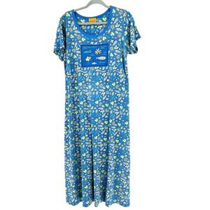 Vintage Ken Done Down Under Maxi Dress Womens Large Blue MUMU 90s Art Sun Travel